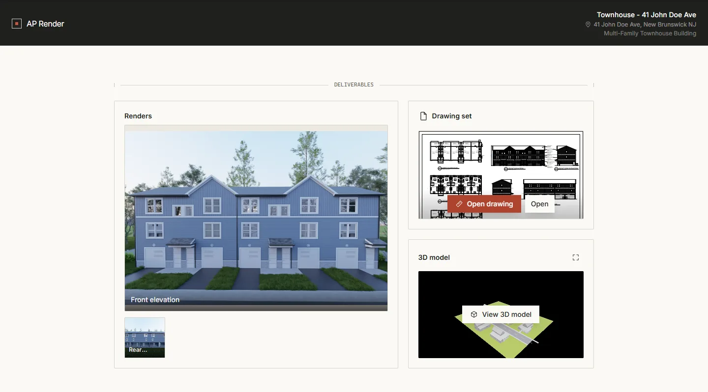 A shared AP Render project workspace showing renders, the PDF drawing set and the 3D model organized on one page.
