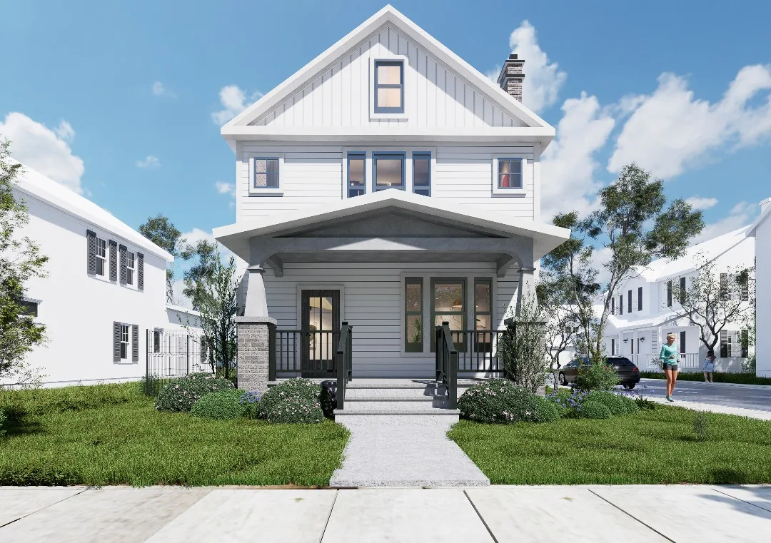 Exterior render of a two-and-a-half-story house with a new front porch addition