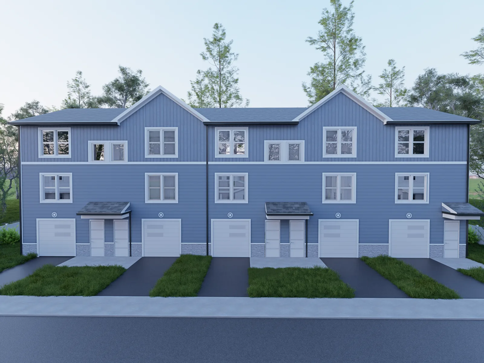 Exterior render of a four-unit townhouse row with garages and driveways