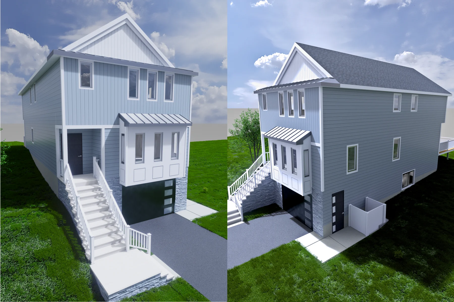 Two exterior views of a proposed three-story house with a raised entry stair