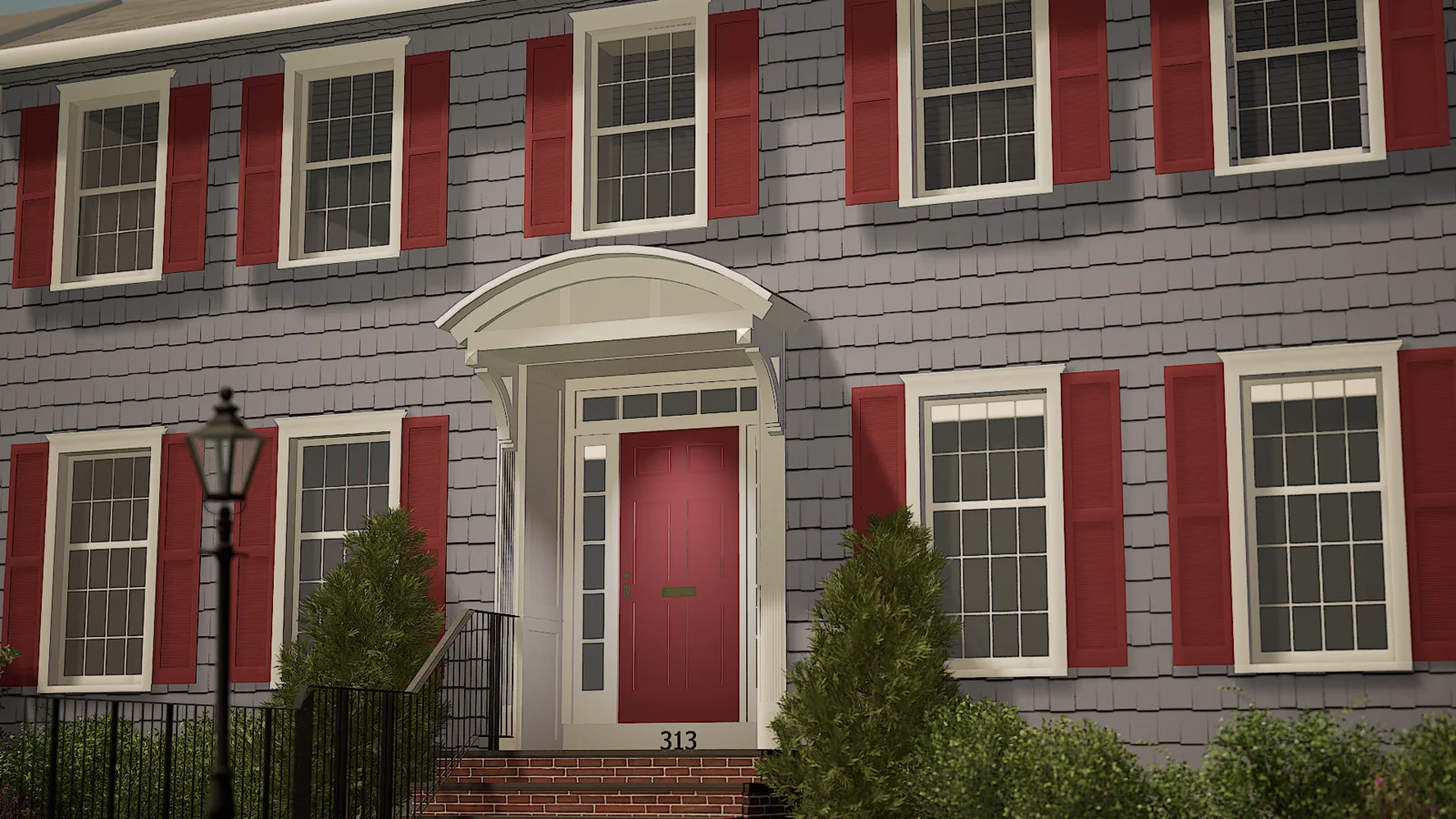 Exterior render of a colonial house front with a new curved entry portico